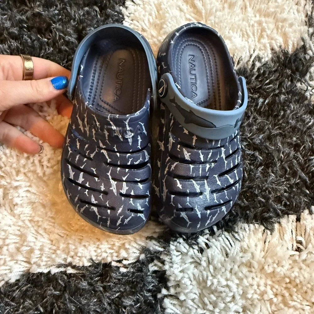 Nautica Navy Blue Kids Water Shoes with White Shark Pattern